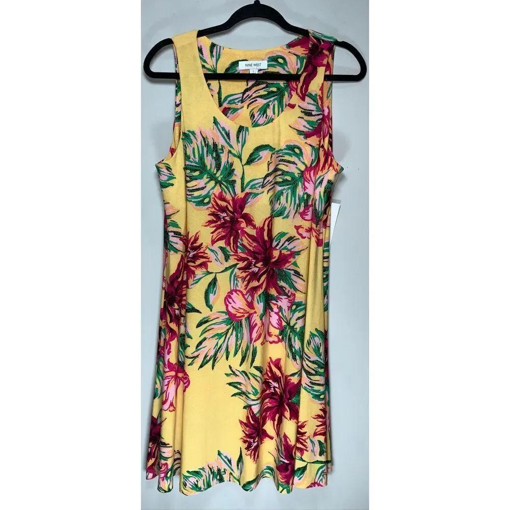 Nine West tropical floral print tank dress in yellow size large